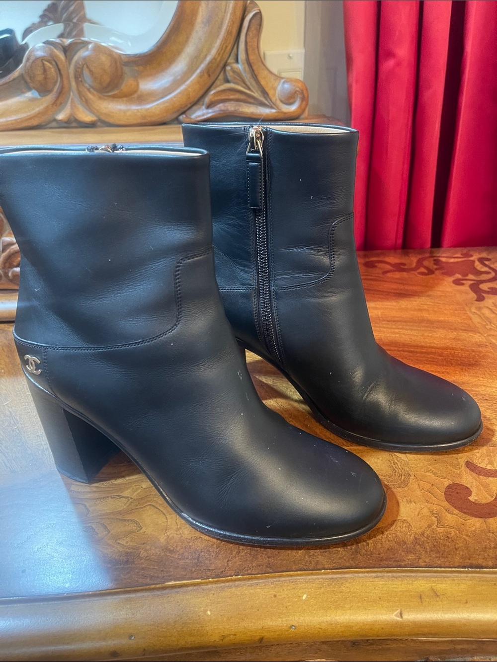 CHANEL Black Leather Mid-Calf Block Heel Boots